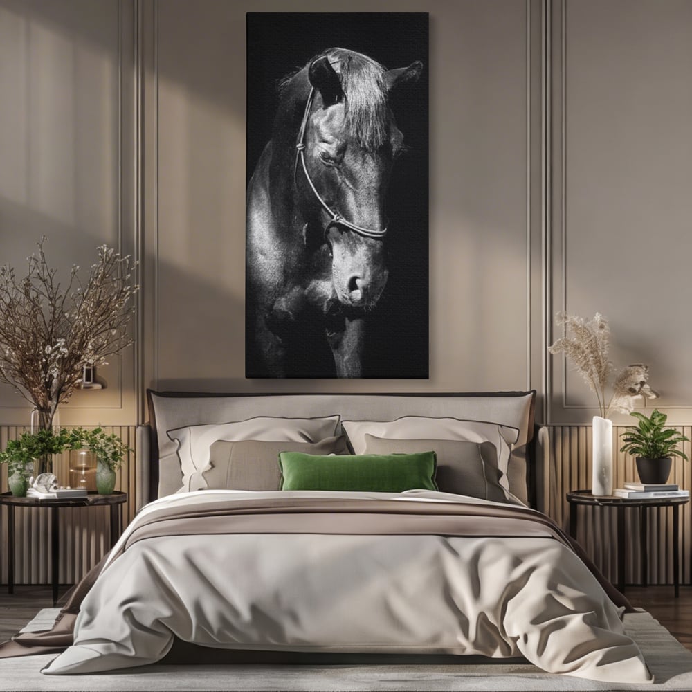 Tablou canvas cu tablou canvas cu un cal negru, fara rama, pe sasiu de lemn, pe perete intr-un dormitor